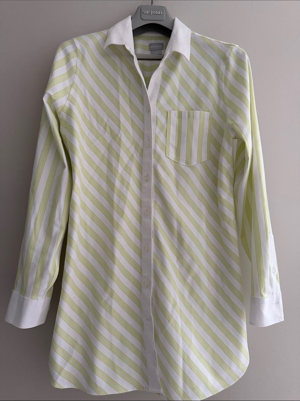 Chico's Diagonal Lime and White Stripe Button-Down Shirt